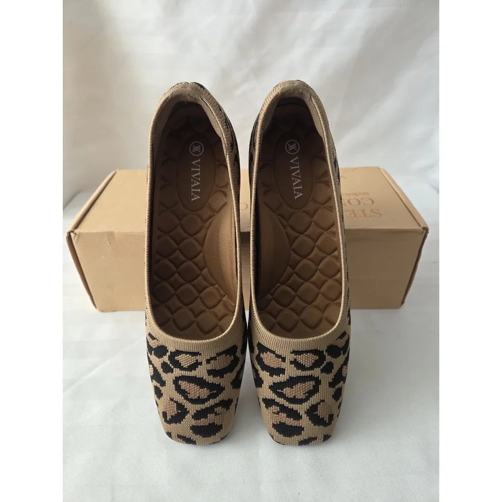 Vivaia Leopard Print Knit Square Toe Wedge Pumps Tan Black New Size 38 US 7‎